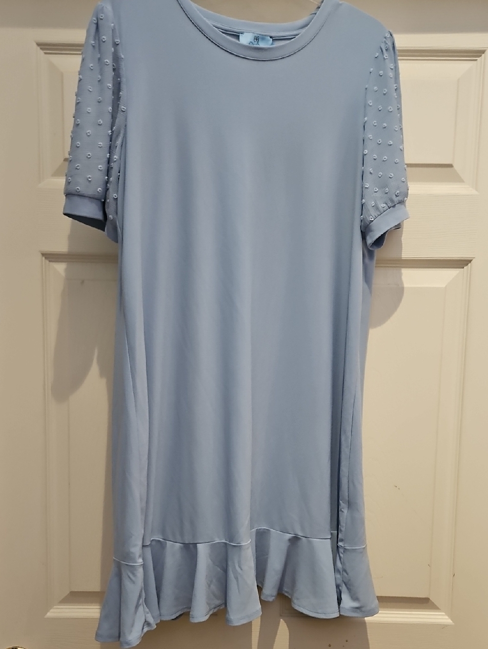 CeCe Pale Blue Crewneck Shift  Dress with Flocked Short Sleeves And Flounced Hem